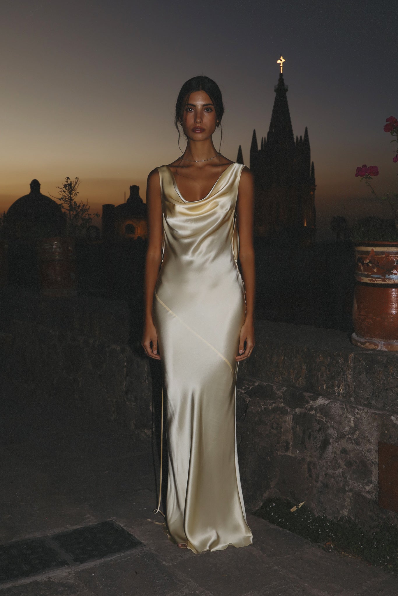 Plunging Back Cowl Dress in Butter